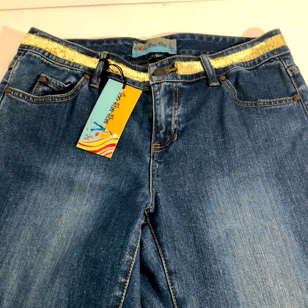 Too She She Size 10 Gold Sequined & Tapestry Jeans
